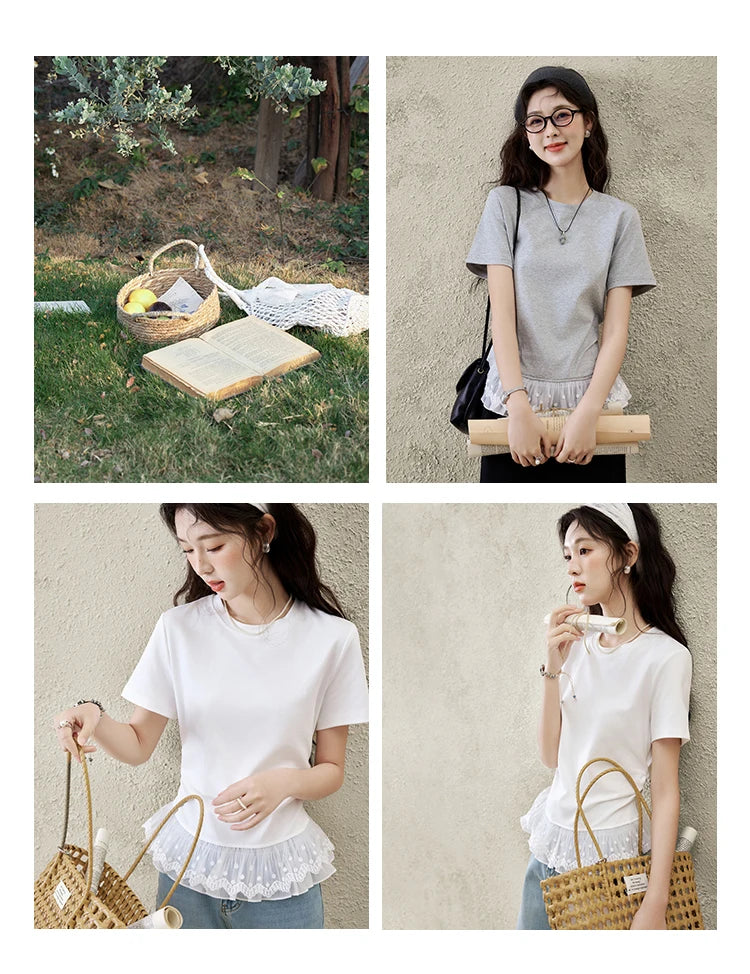 Mishow Lace Hem Splicing Round Neck Tee MXE31T0528