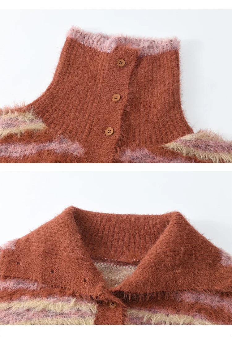 Mishow Red Striped Faux Mink Fur Stand Collar Cardigan MXD59Z1005