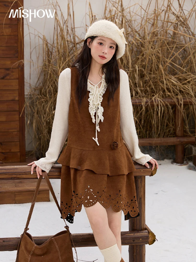 Mishow Brown Retro Suede Hollow Out Vest Dress MXE51L2524