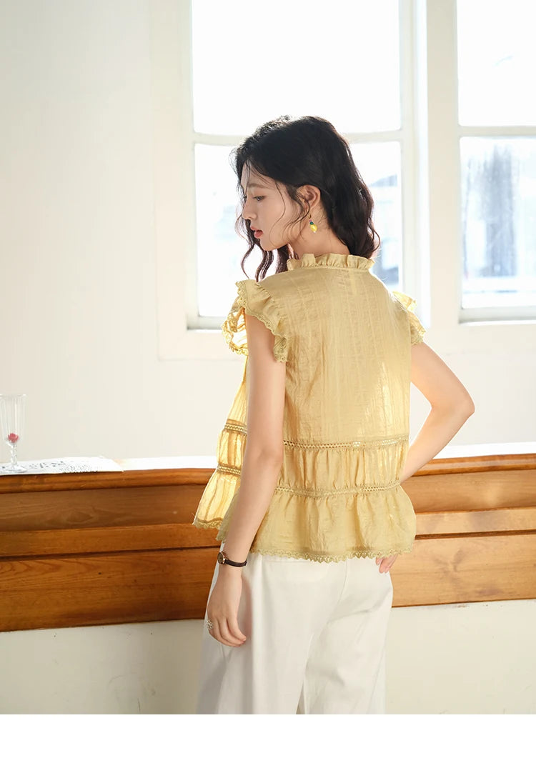 MISHOW Wood Ear V-Neck Shirt Flying Sleeve Wrinkle Spliced MXE37X1908