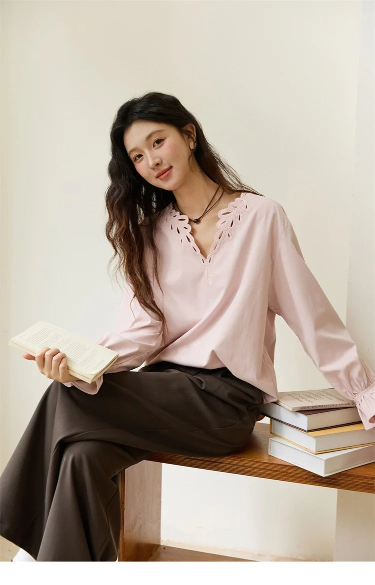 MISHOW French Style Hollow Out V-Neck Pink Blouse Long Sleeves MXE48X2502