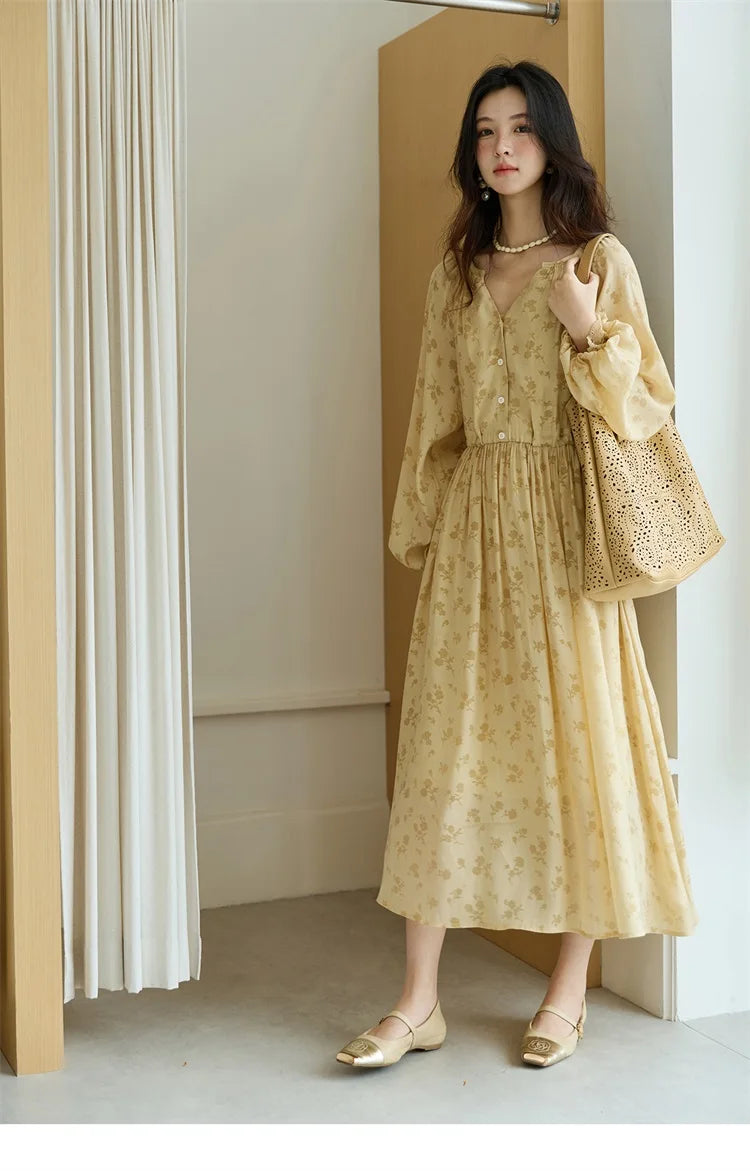 MISHOW Yellow Print Lace Lantern Sleeve Dress MXE47L2527