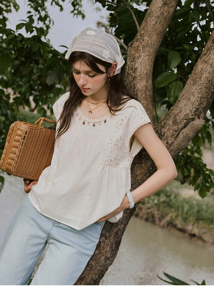 MISHOW Solid Short Flying Sleeve Blouse Round Neck Hollow Lace MXE33X1778