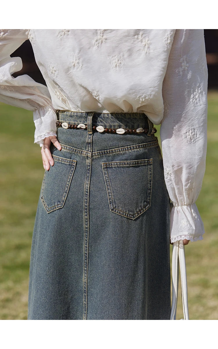 Mishow Korean Denim Vest Coat & Slim A-Line Midi Skirt Set MXE13W0731