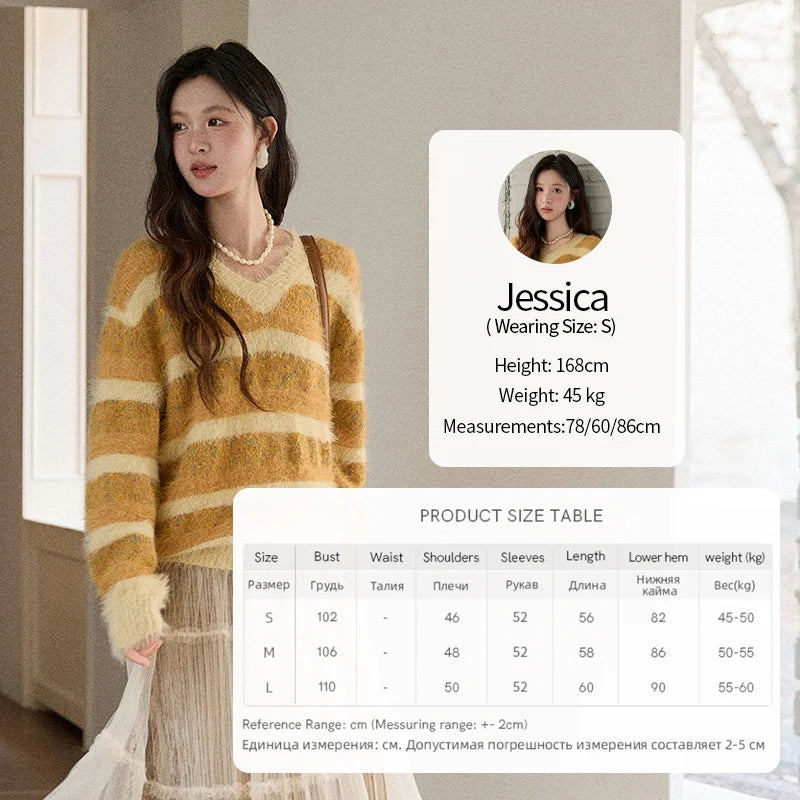Mishow Retro Yellow Striped Faux Mink Jacquard Sweater MXE87Z2766