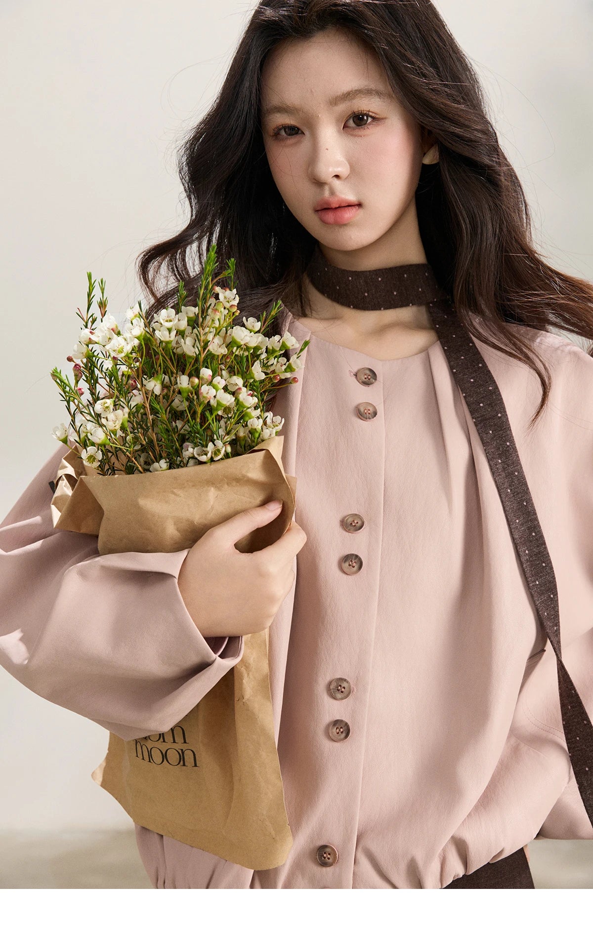 MISHOW Pink Flower Bud Leather Jacket Crew Neck Single-Breasted MXF108W1001