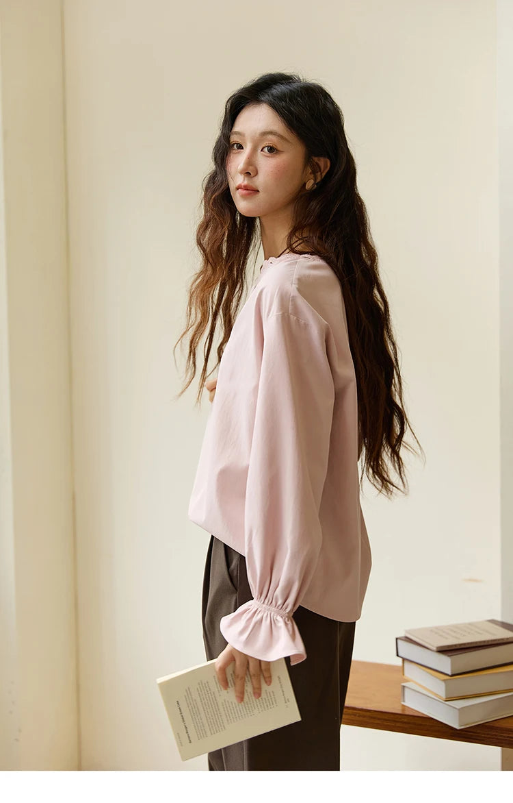 MISHOW French Style Hollow Out V-Neck Pink Blouse Long Sleeves MXE48X2502