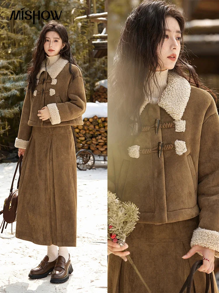 MISHOW Brown Suede Plush Jacket Bull Horn Buckle Spliced MXD36W0500