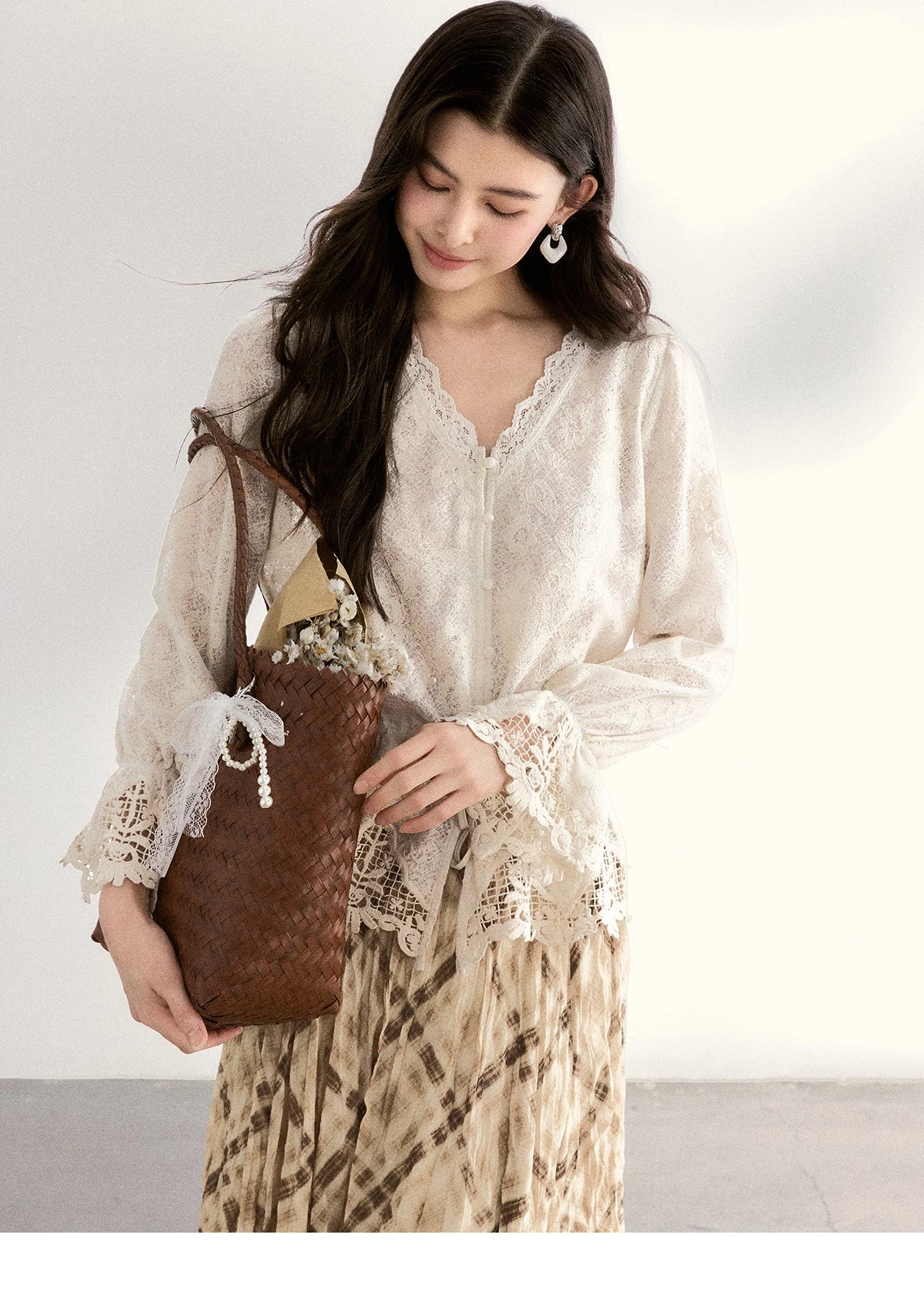 MISHOW Lace V-Neck Blouse Drawstring Waist Ruffled Hem MXF108X0998