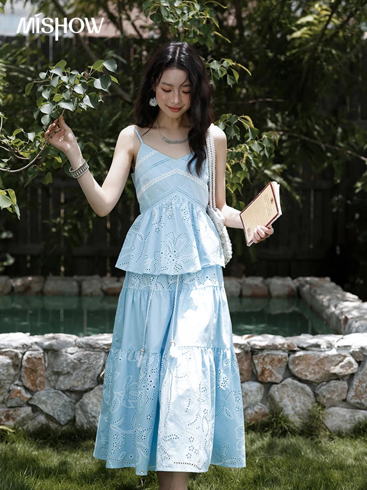 Mishow Strap V-Neck Embroidery Top & Drawstring Skirt Set MXE34T0624