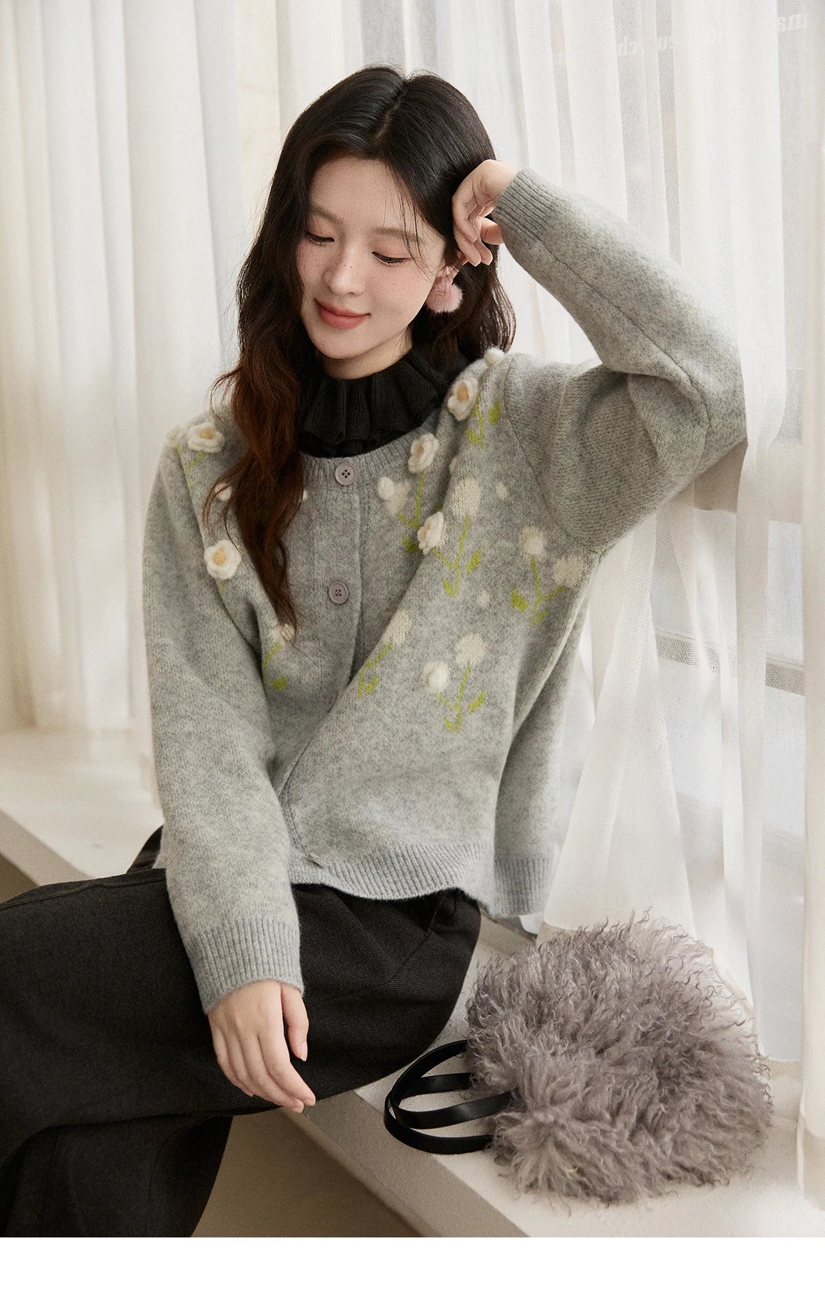 Mishow Gray Flower Embroidery Round Collar Cardigan MXE91Z2836