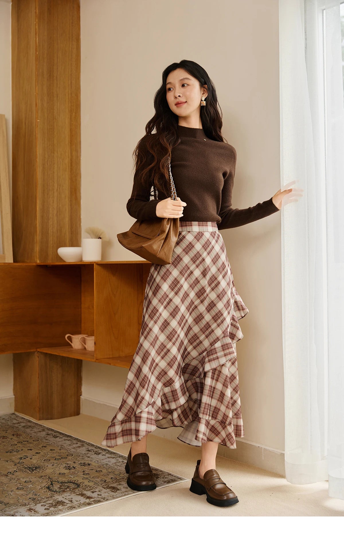 MISHOW Retro Plaid Skirt Irregular Ruffle Edge Back Elastic MXE43B2396