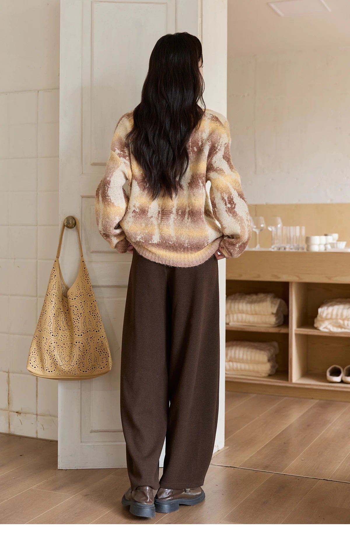 Mishow Yellow Coffee Gradient V-Neck Cable Knit Sweater MXE51Z2627