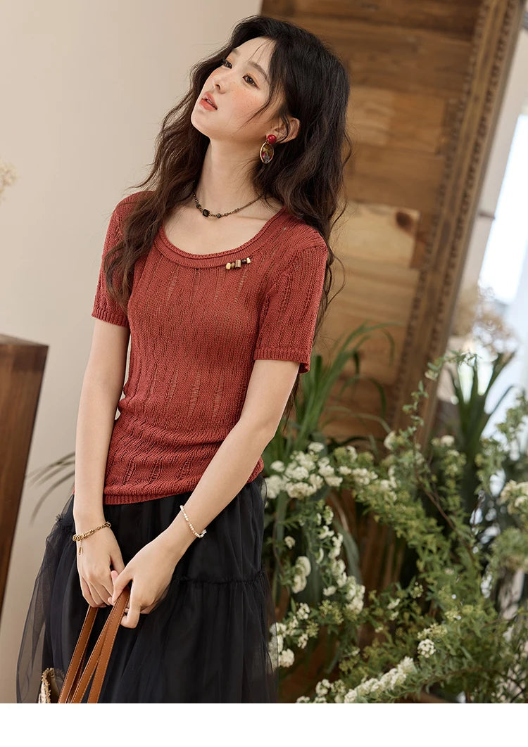 Mishow Retro Red Hollow Bead Knit Tee MXE35Z1271