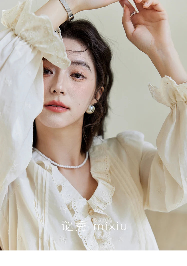 MISHOW V-Neck Long Sleeve Blouse Solid Loose Fold Detail MXE14X1732