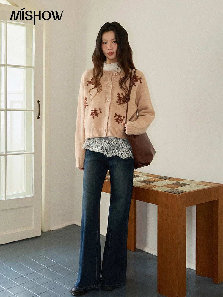 Mishow Floral Embroidery Round Neck Wool Cardigan MXE86Z2724