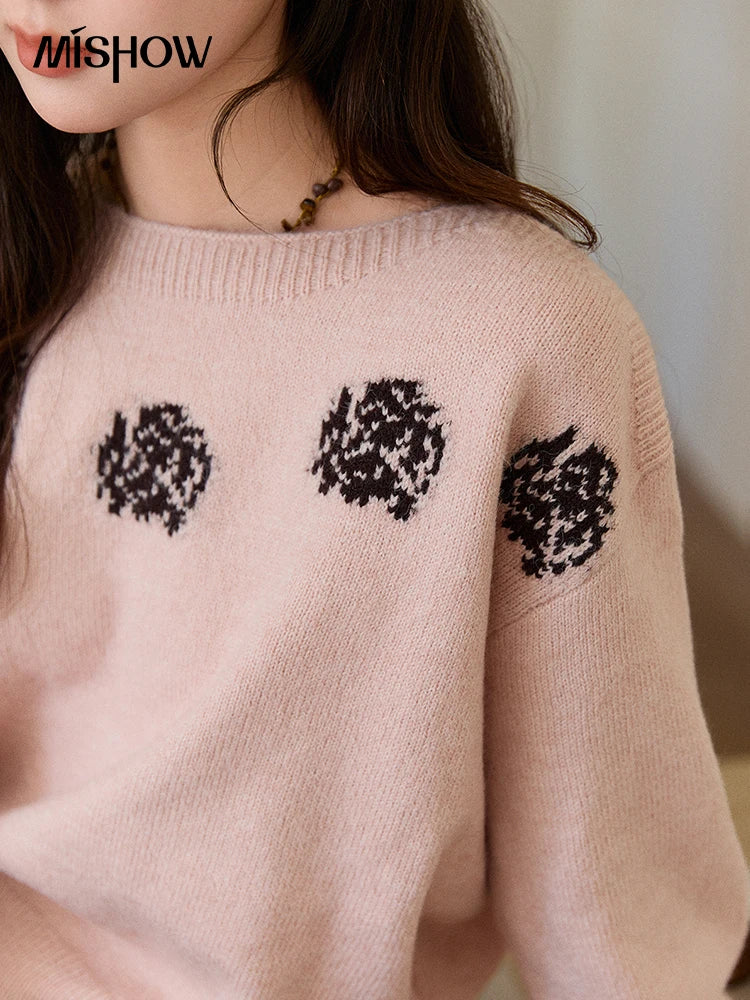 Mishow Pink Jacquard Lantern Sleeve Drop Shoulder Sweater MXE91Z2775