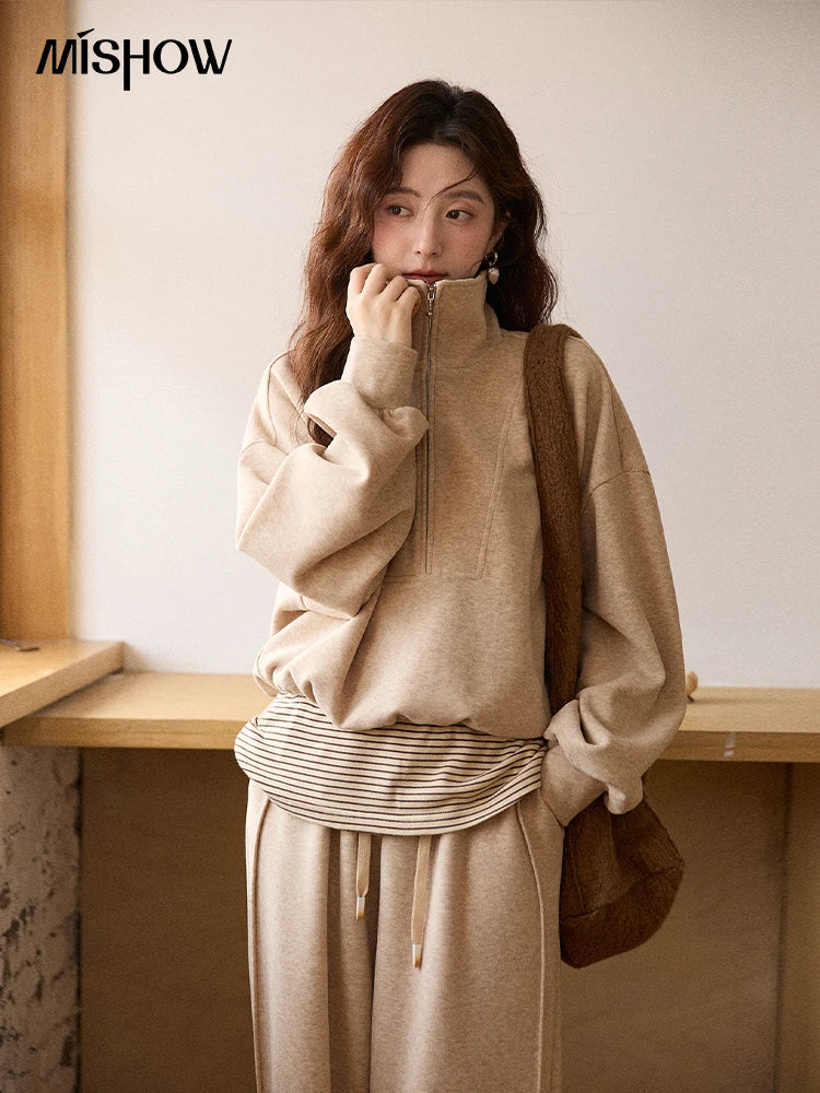 Mishow Retro Striped Lapel Half-Zip Sweatshirt & Wide Leg Pants Set MXE87T1425