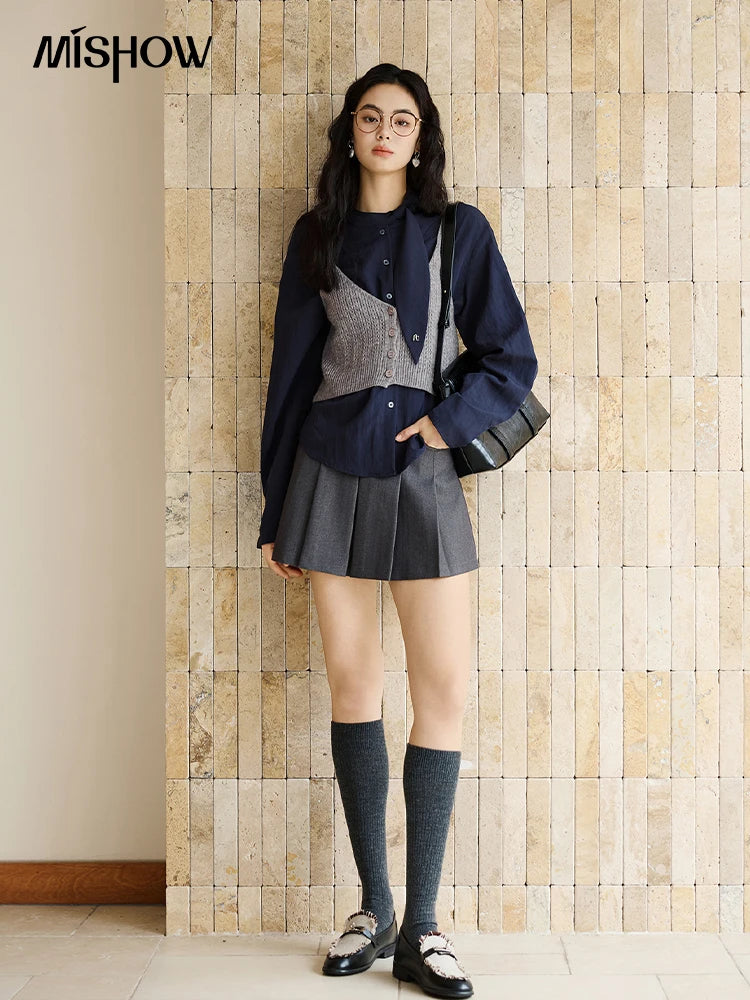 MISHOW Navy Ribbon Layered Shirt Knit Camisole Two-Piece Set MXE47T1412
