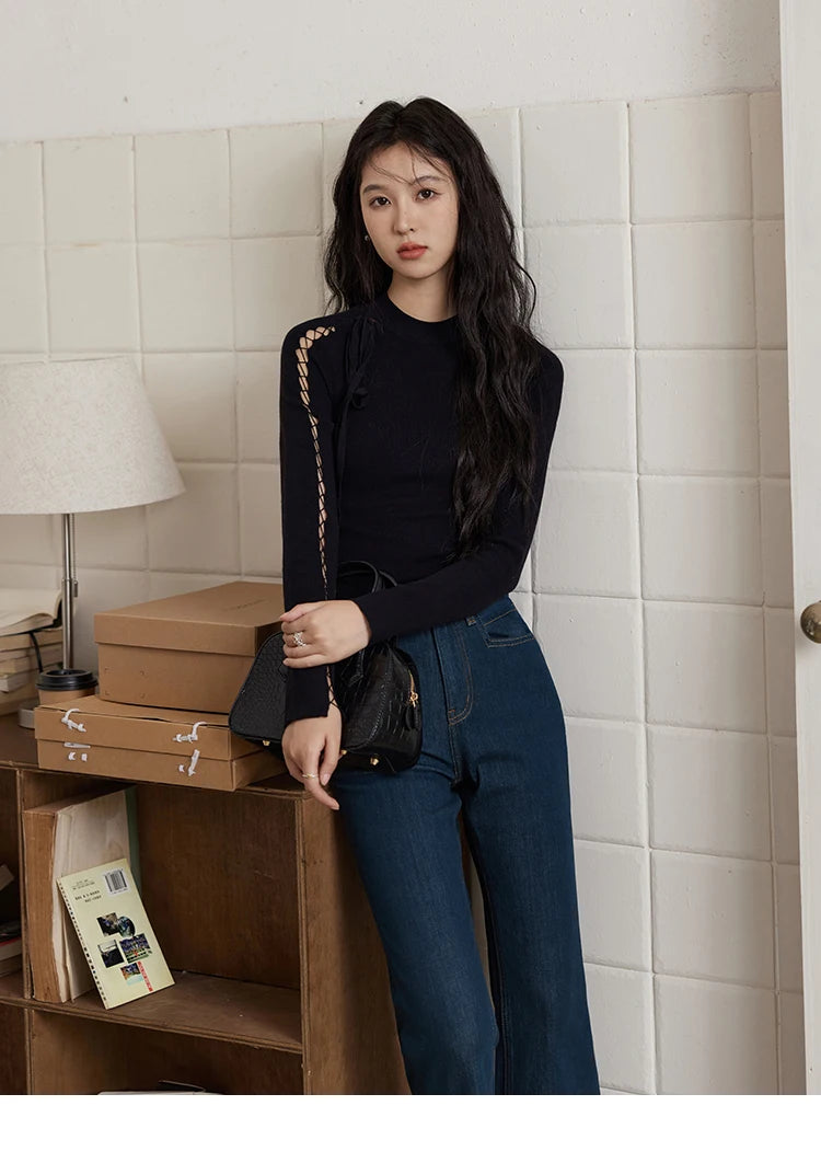 Mishow Hollow Tie Design Bottoming Knit Sweater MXD45Z0766