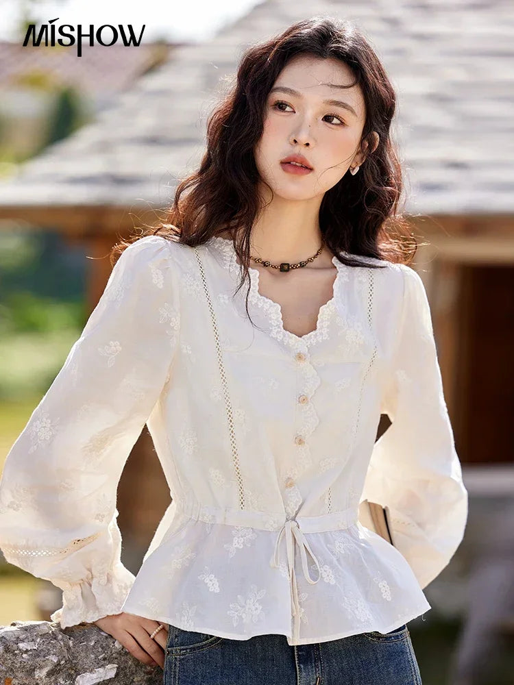 MISHOW Embroidered Lace Blouse V-Neck Drawstring MXE11X1708