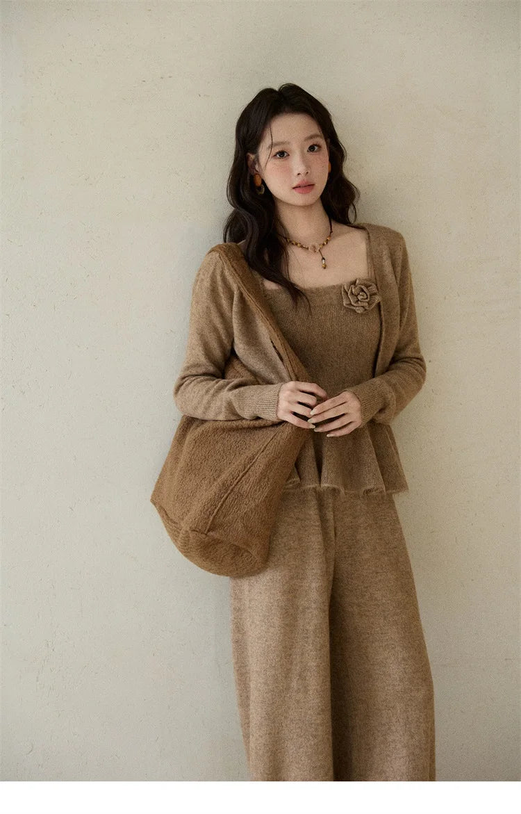 Mishow Khaki Knitted Three-Dimensional Floral Camisole Cardigan & Wide Leg Pants Three-Piece Set MXE87T1449
