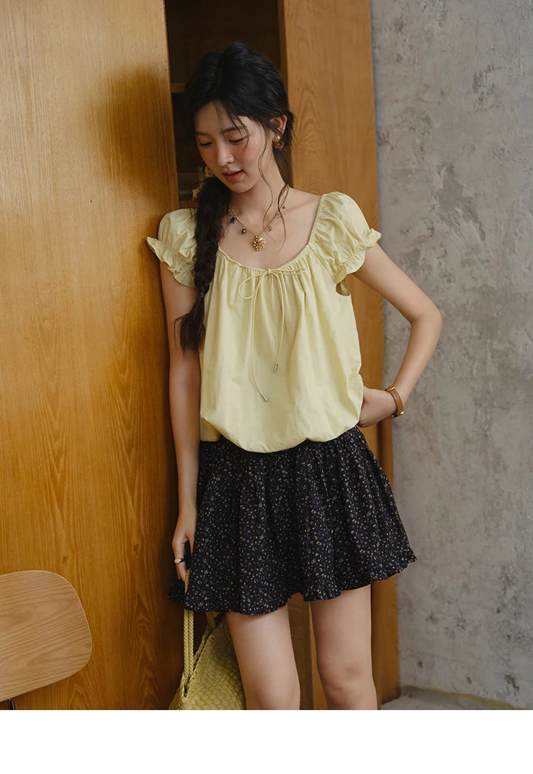 MISHOW Cotton Blouse Puff Sleeve Lace Up O-Neck MXE37X1893