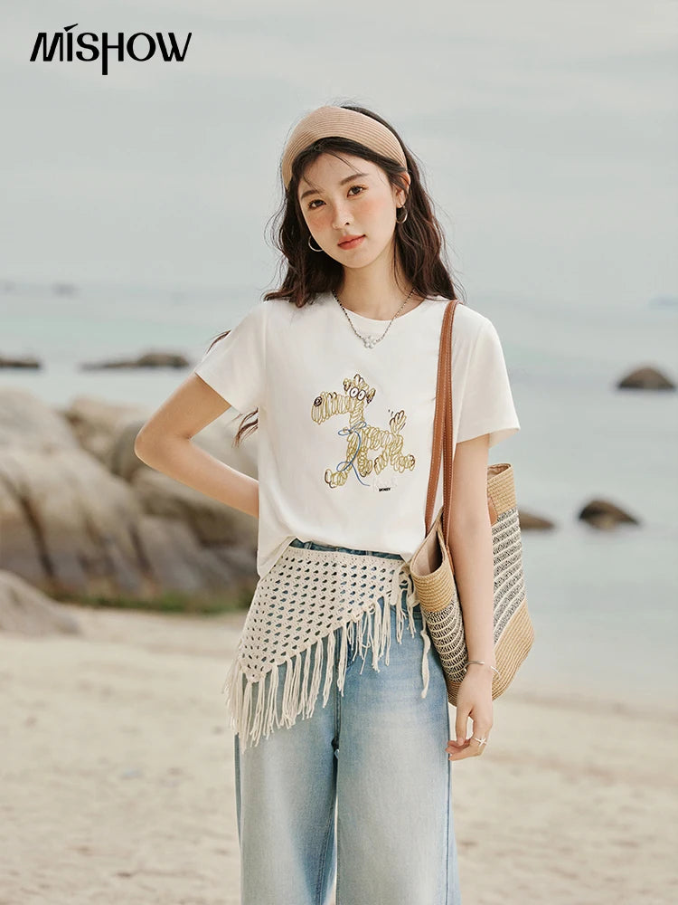 Mishow Cartoon Print Loose Embroidery Tee MXE31T0550