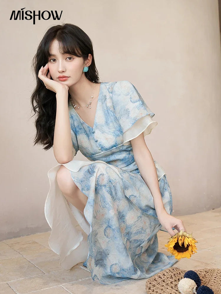 Mishow Van Gogh Double Layer Sleeve Asymmetrical Dress MXC39L1527