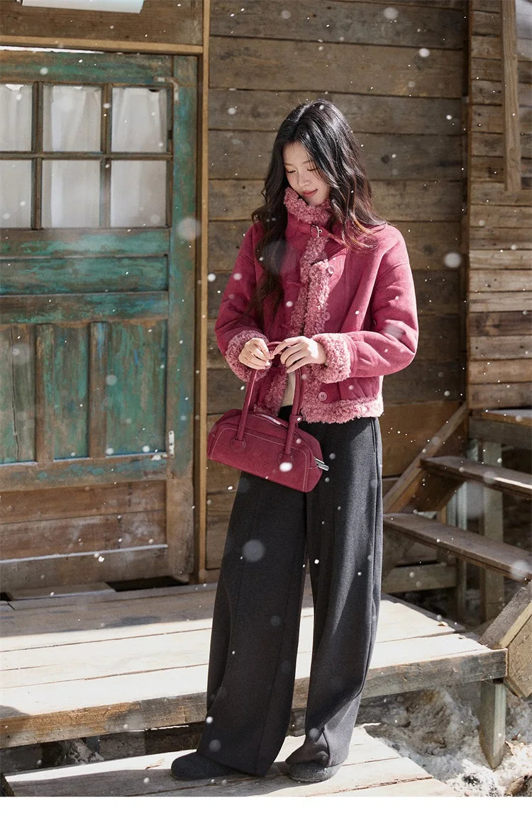 Mishow Dragon Fruit Red Suede Patchwork Coat MXE87W0942