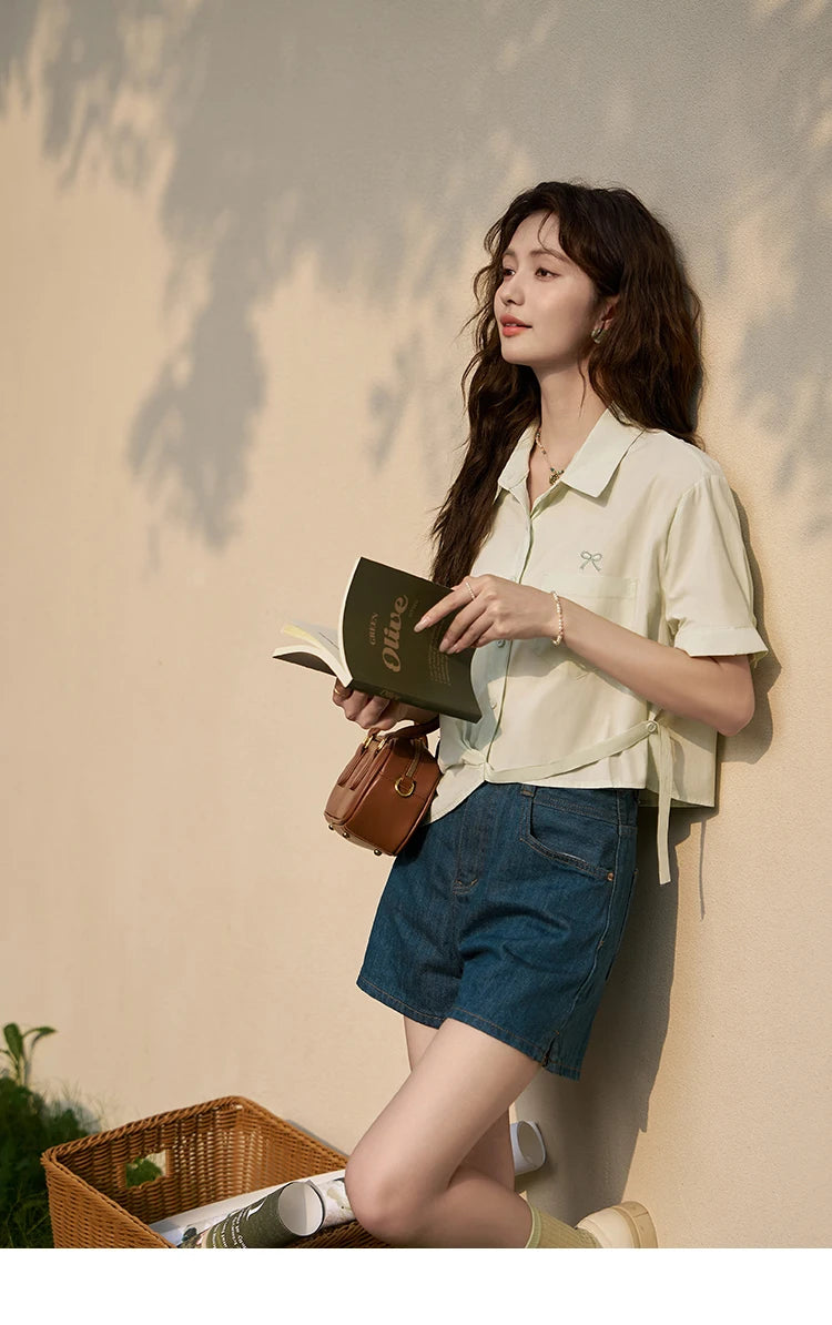 MISHOW Same Color Bow Embroidered Shirt Asymmetric Hem MXD23C0257