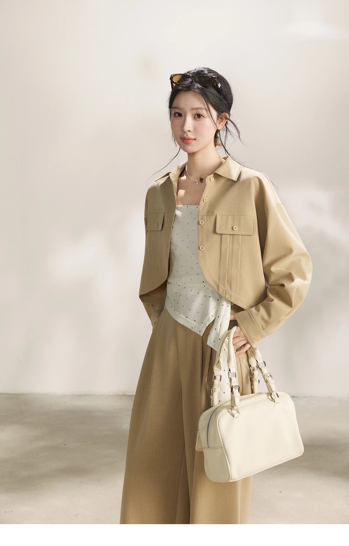 Mishow Khaki Cropped Jacket & Polka Dot Vest & Wide Leg Pants Three-Piece Set MXF13T1478