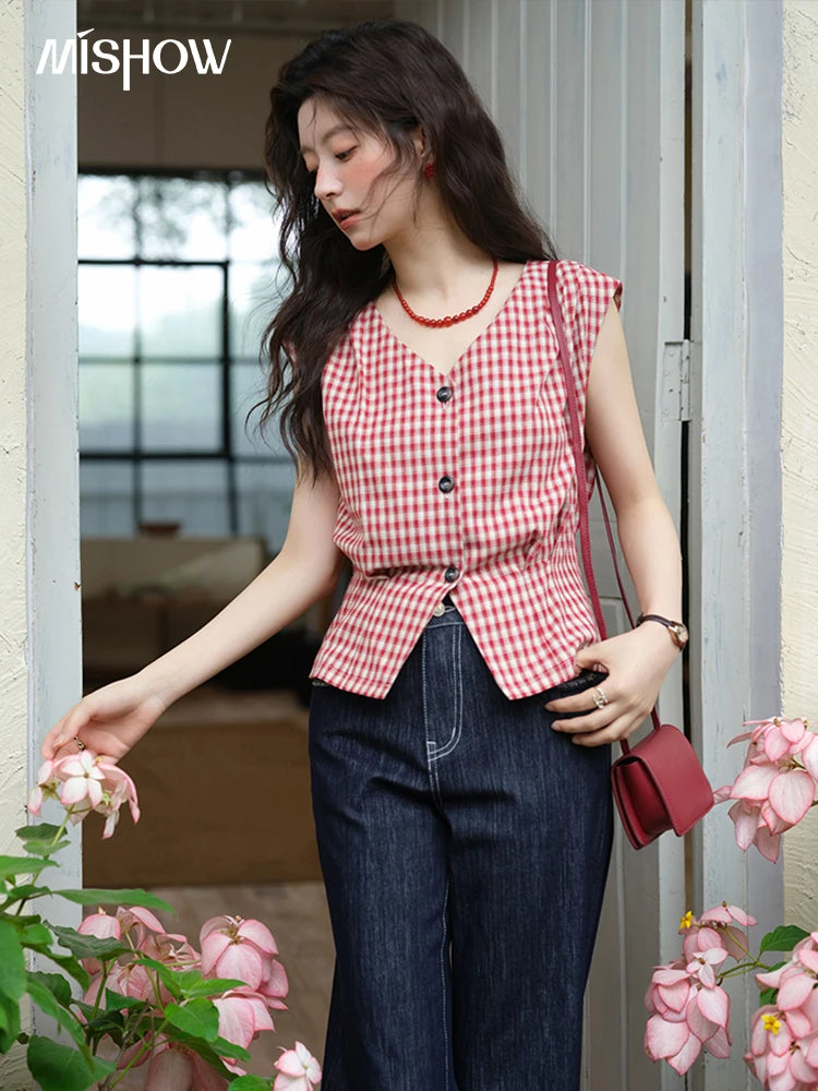 MISHOW Red Plaid V-Neck Shirt Button Front MXE37X1921