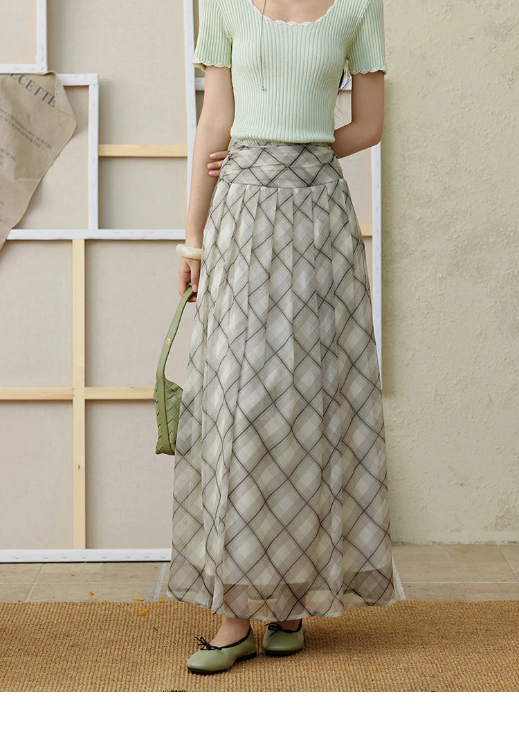 MISHOW Apricot Green Retro Plaid Skirt Pleated Chiffon High Waist A-Line MXE35B0747