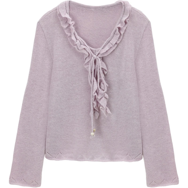Mishow Beige V-Neck Wood Ear Hollow Sweater MXE51Z2595