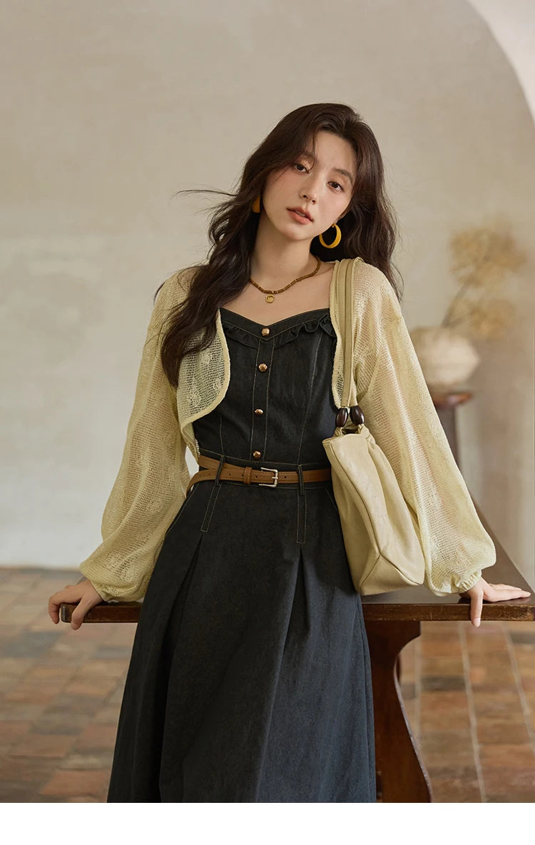 Mishow Lantern Sleeve Cardigan & Denim Strap Dress Set MXE41T0704