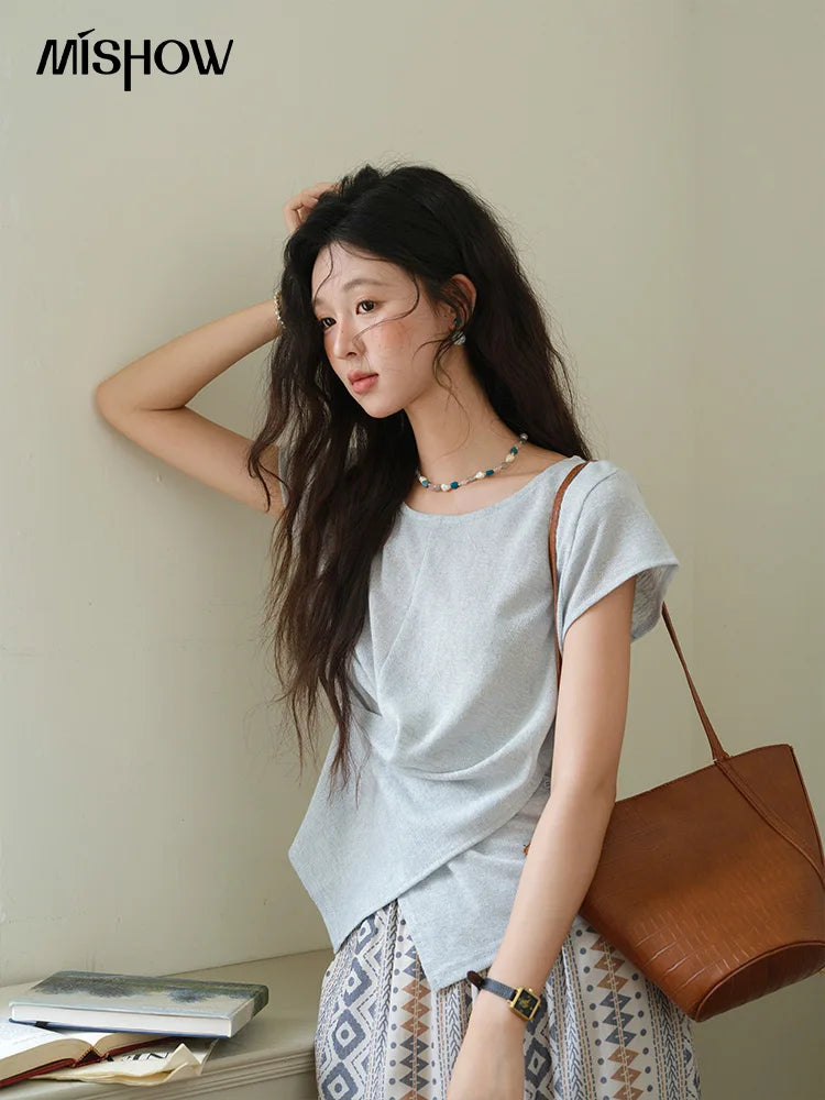 MISHOW Round Neck Knitted T-Shirt Irregular Design Button MXE39T0709