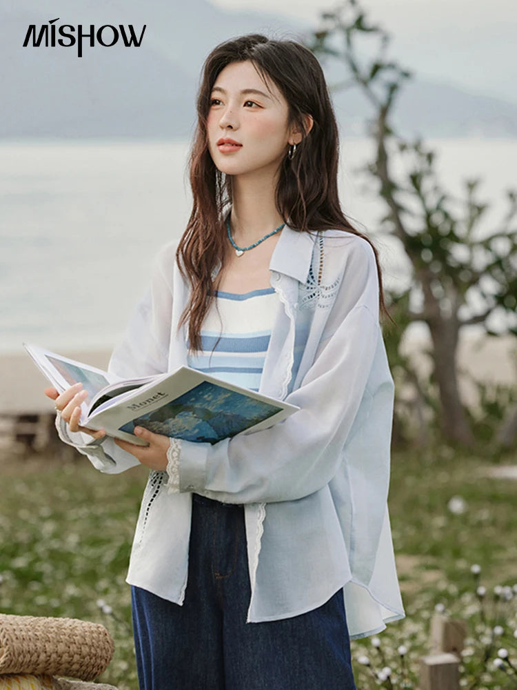 MISHOW Blue Hollow Embroidery Blouse Long Sleeve MXE31C0775
