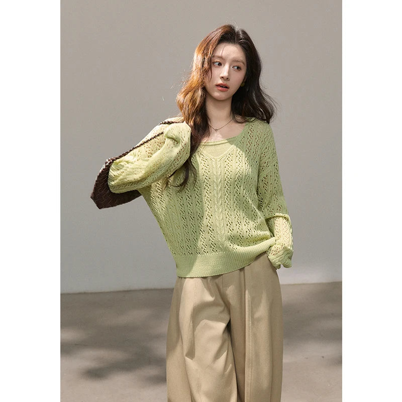 Mishow Green Hollow Cable Knit Top & Camisole Set MXF16T1524