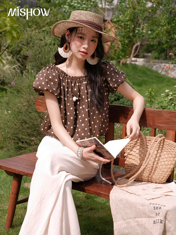 Mishow Polka Dot One Shoulder Puff Sleeve Top & Wide Leg Pants Set MXE38T0683