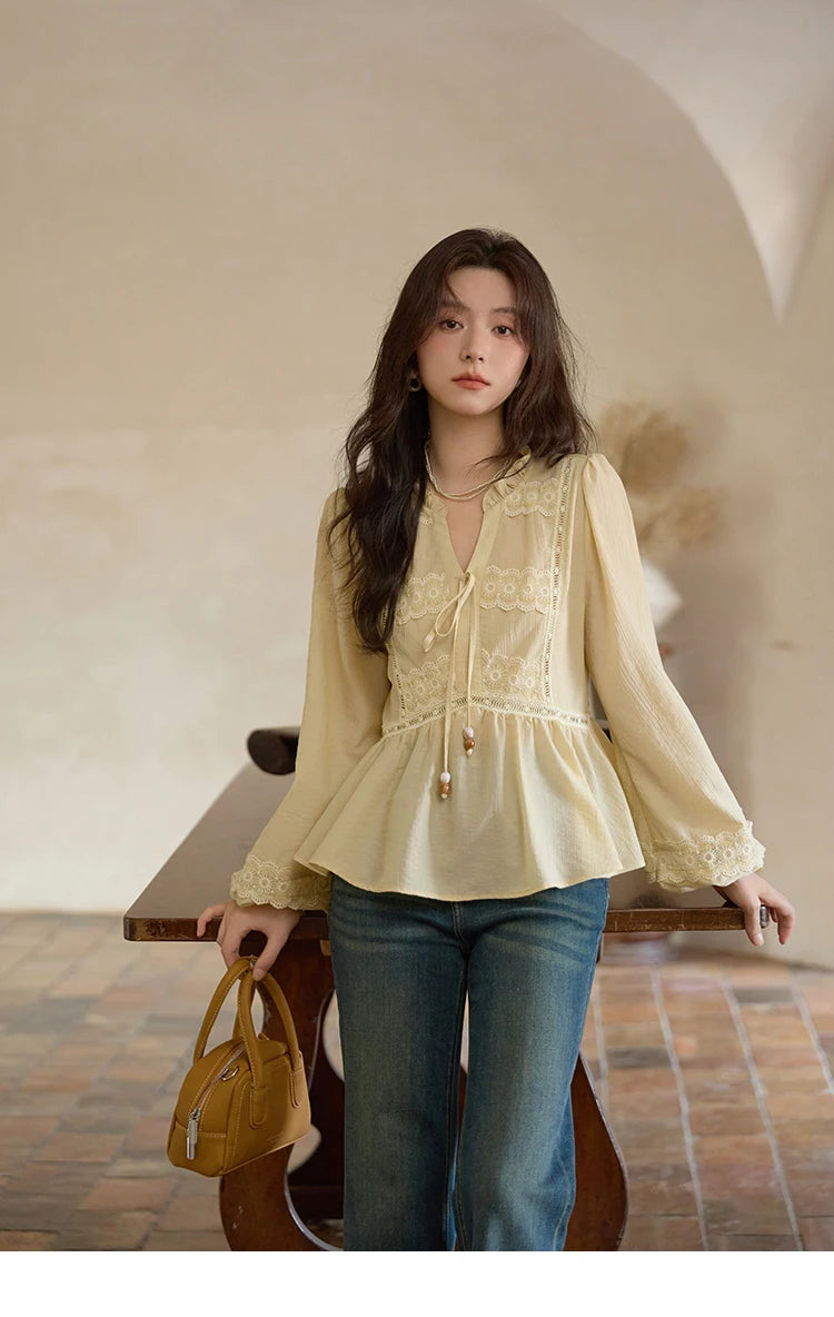 MISHOW French V-Neck Blouse Lace Patchwork Lantern Sleeve MXE41X1925