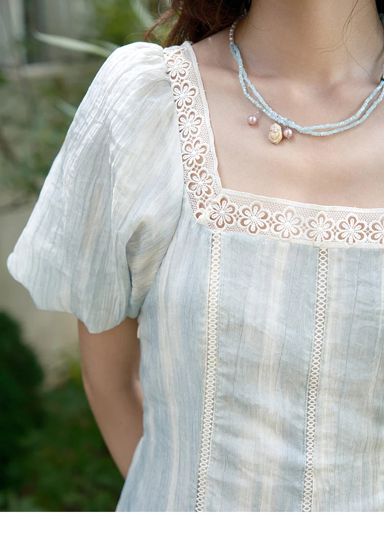 Mishow Striped Square Neck Lace Hollow Dress MXE39L2403