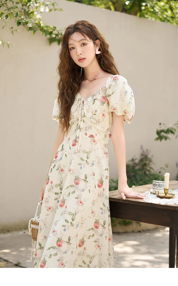 Mishow French A-Line Ruffled V-Neck Puff Sleeve Dress MXC33L1465