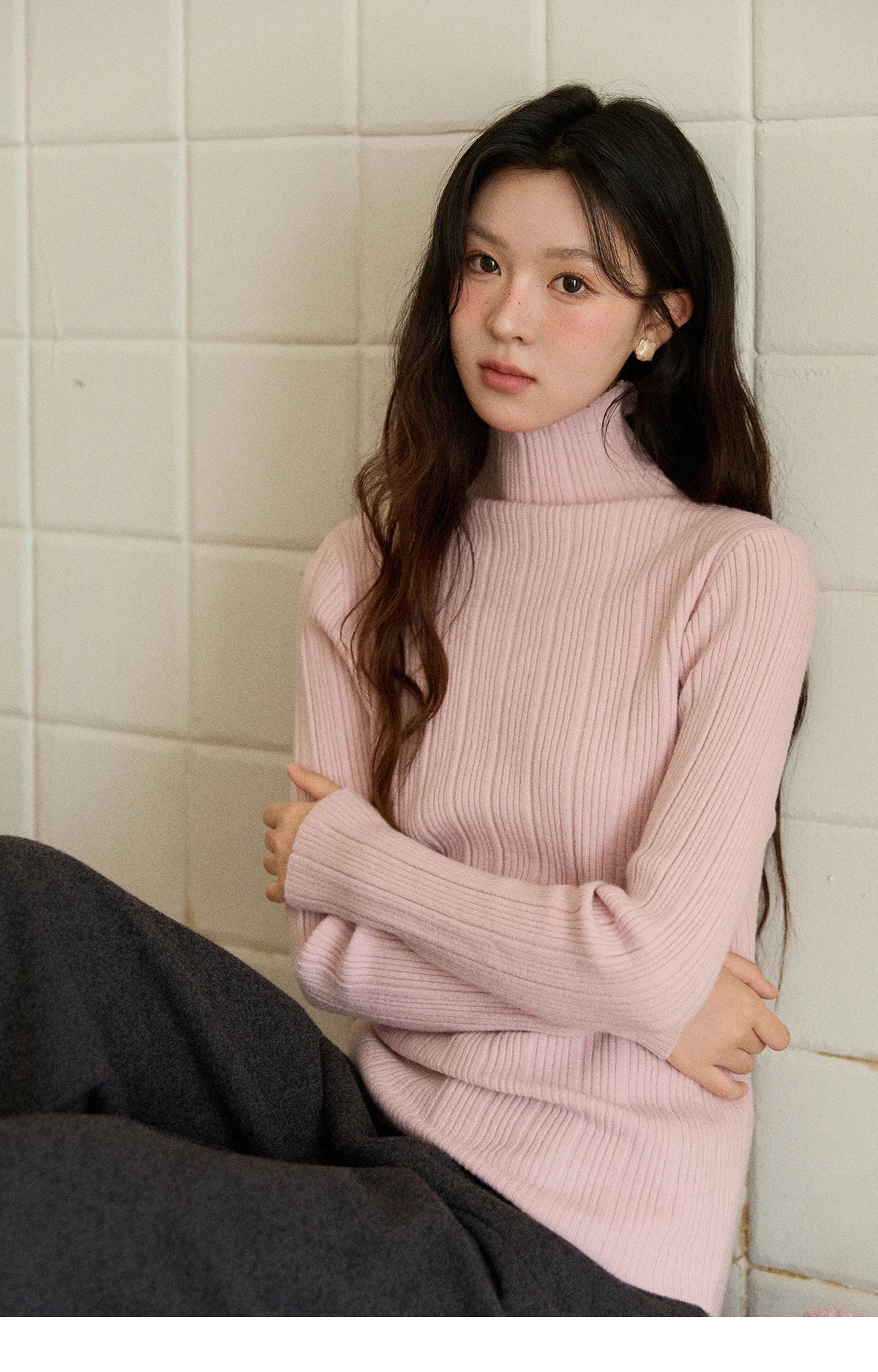 Mishow Solid Turtleneck Vertical Ribbed Slim Top MXE86Z2656