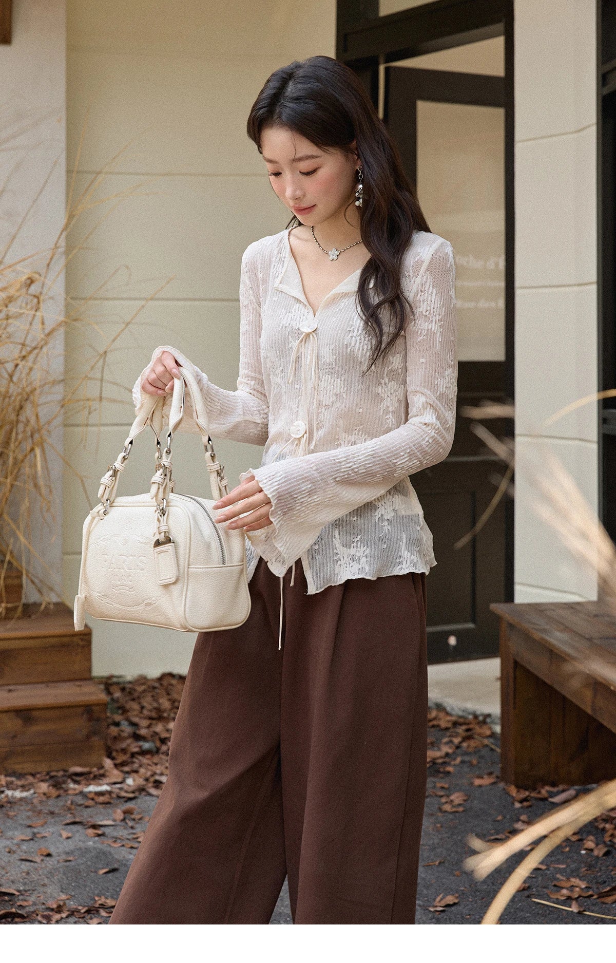 MISHOW White Lace Shirt Flared Sleeves V-Neck MXE49X2511