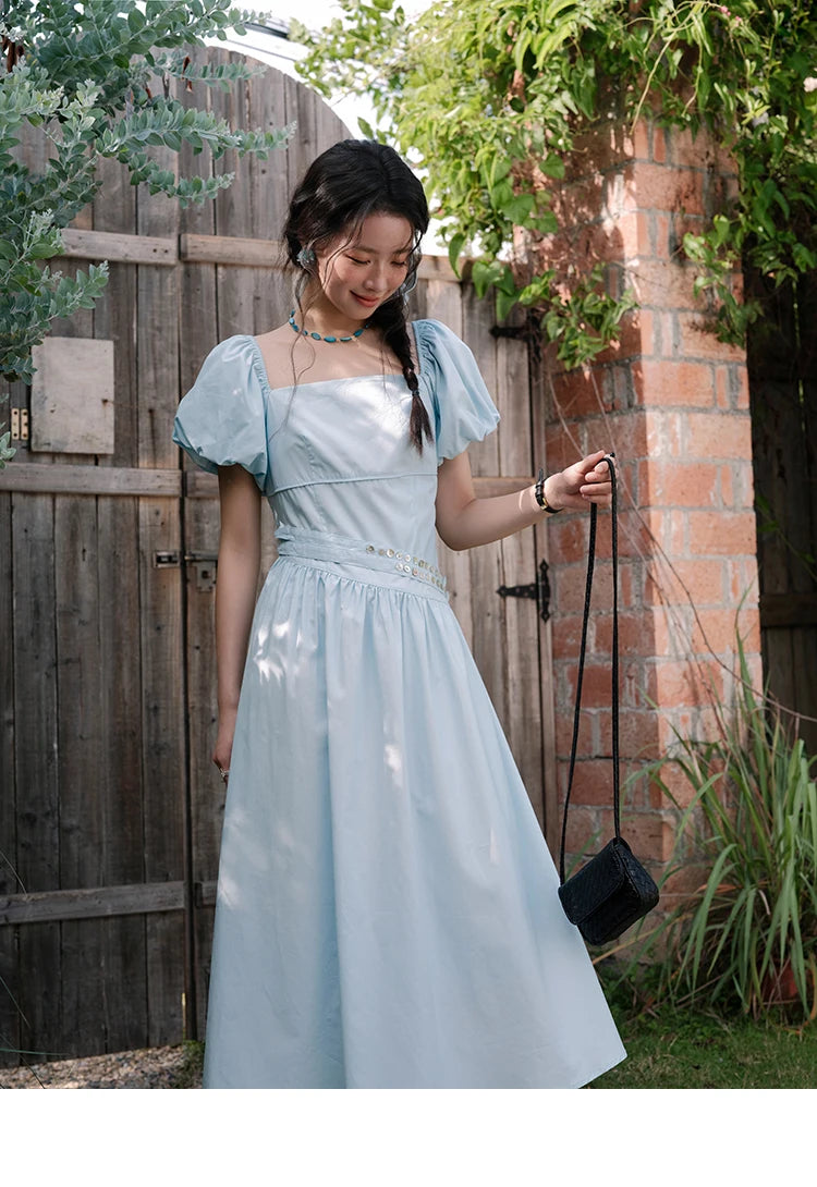 Mishow Square Neck Puff Sleeve Double Belt Dress MXE34L2222