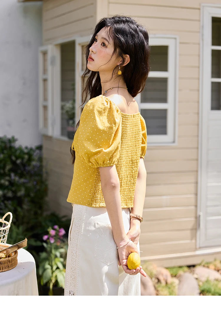 MISHOW Yellow Polka Dot One Shoulder Blouse Back Elastic Lace-Up MXE35X1840