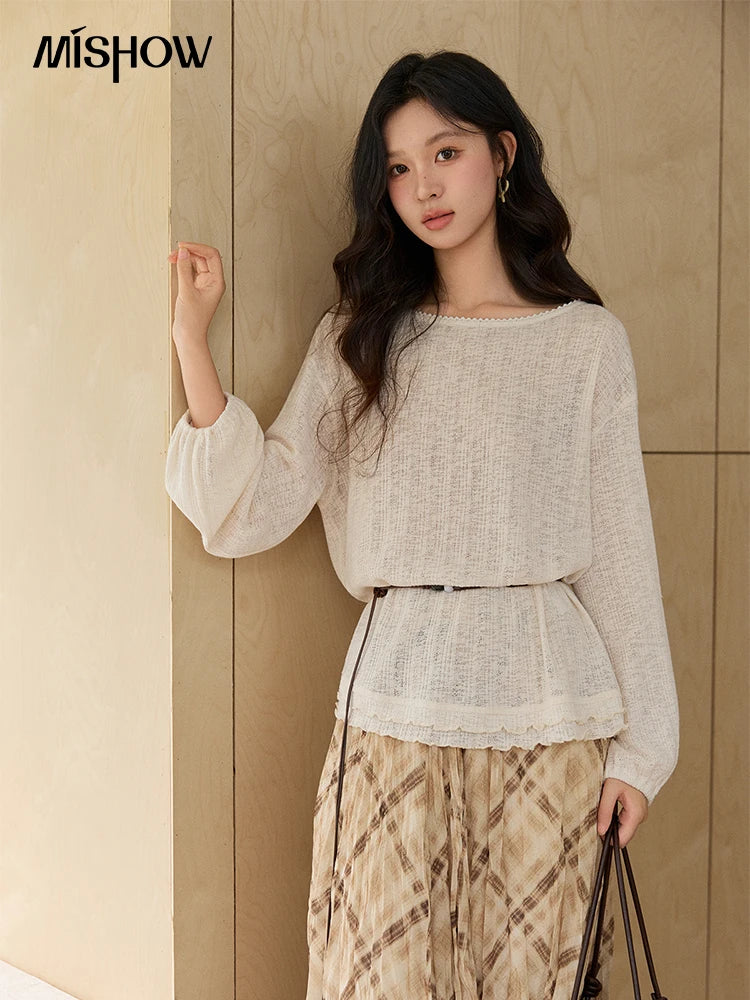Mishow Lace Trim Boat Neck Knit Top with Belt MXF13Z3002