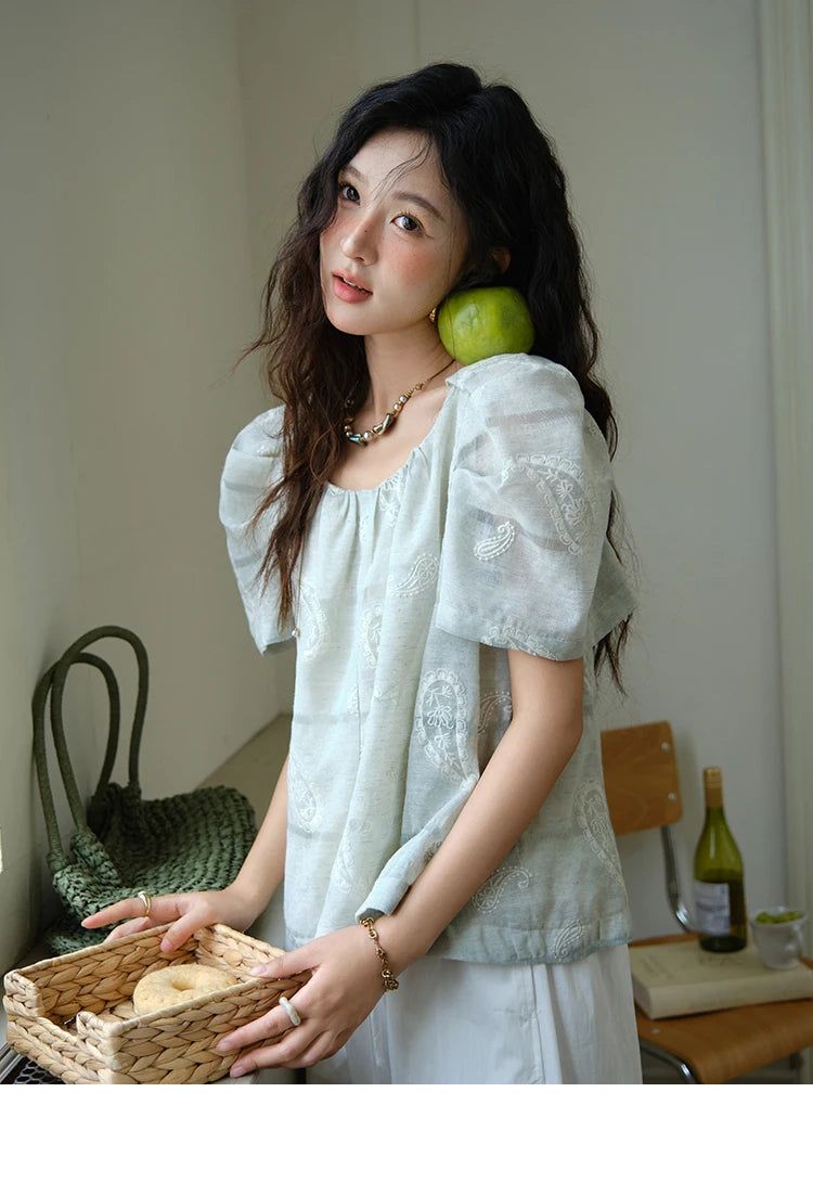 MISHOW O-Neck Print Blouse Embroidery Puff Sleeve Loose MXE34X1807