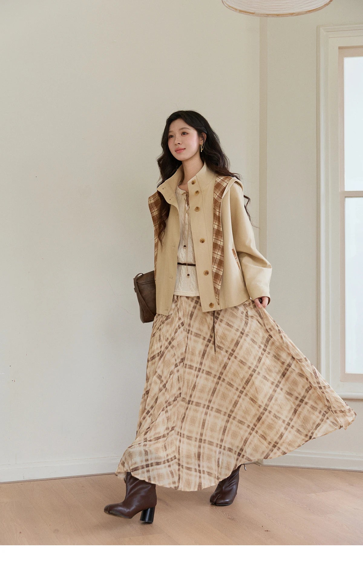 Mishow Beige V-Neck Lace-Up Cable Knit Sweater MXF108Z1029